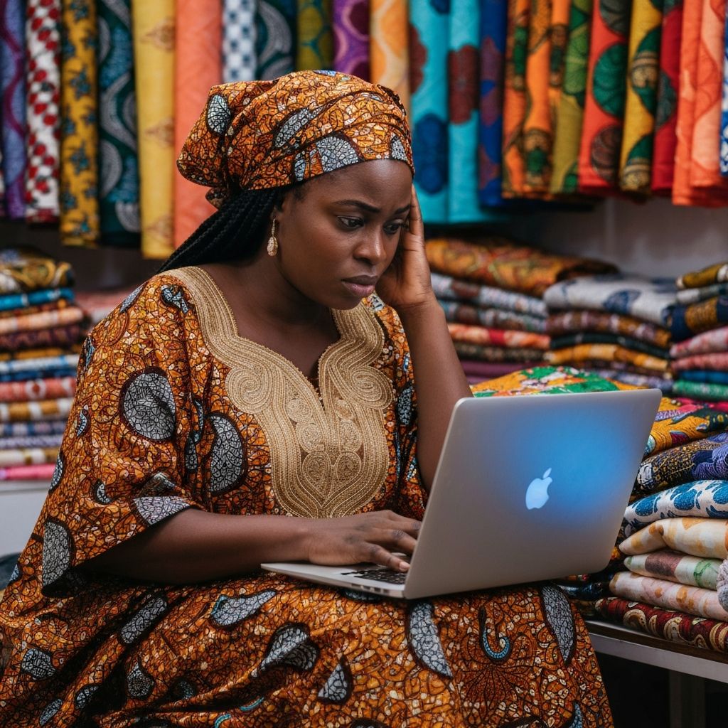 Commerçante africaine voilée inquiète de ses ventes en ligne